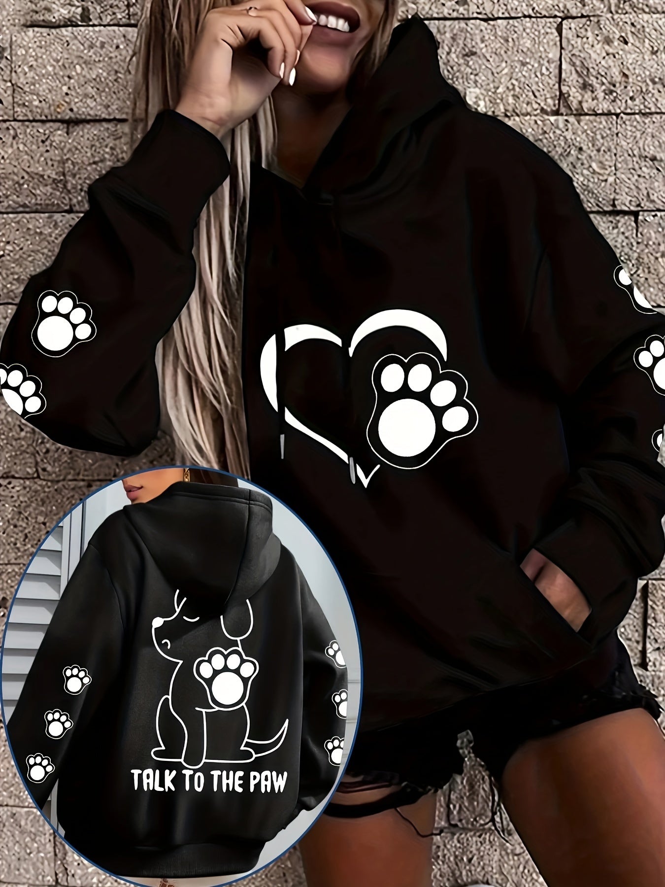 Women's Plus Size Hoodie, Polyester Casual Pullover Sweatshirt with Paw Print Design, Drawstring, Regular Sleeve, Knit, H Fit, for Autumn/Winter