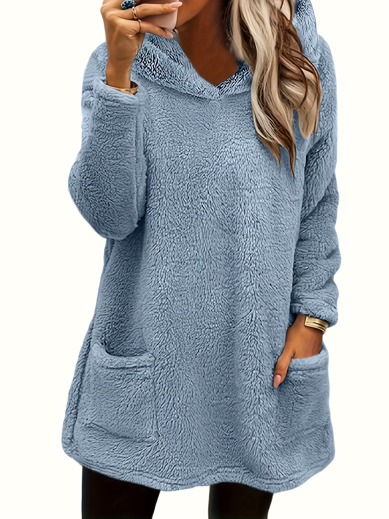 [Popular Choice] Women's Double-Sided Plush Hoodie - Warm Mid-Length Pullover with Pockets for Autumn and Winter, Casual Polyester Knit, Leisure Style, Loosen Version, Autumn/Winter