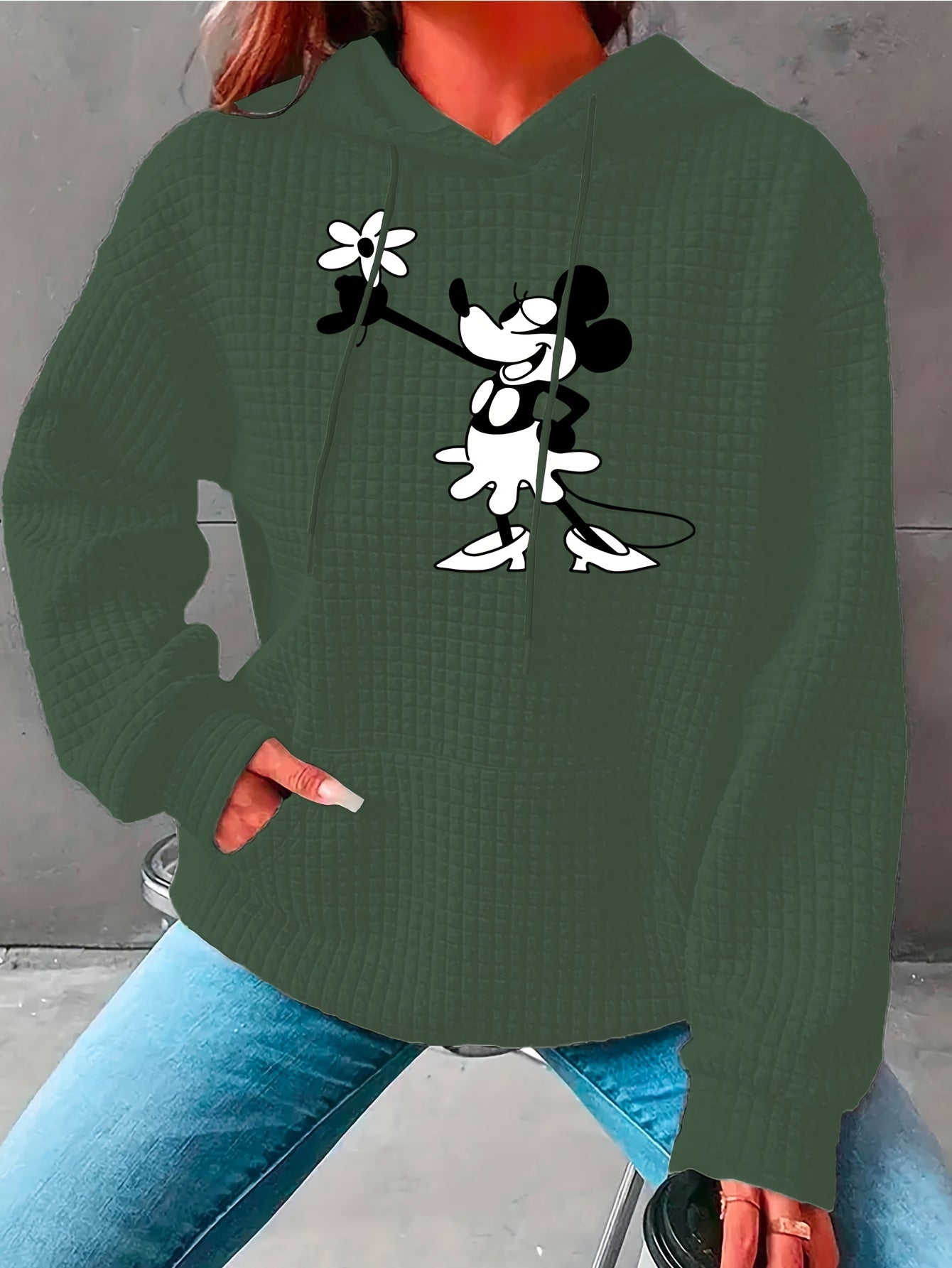 Women's Cozy Waffle-Knit Hoodie with Cartoon Mouse Print - Casual Long Sleeve Pullover with Pockets, Perfect for Fall & Winter