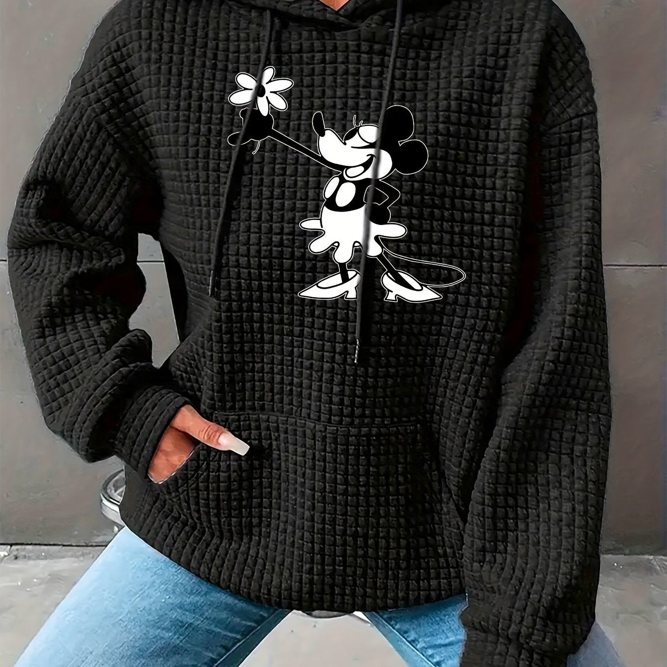 Women's Cozy Waffle-Knit Hoodie with Cartoon Mouse Print - Casual Long Sleeve Pullover with Pockets, Perfect for Fall & Winter