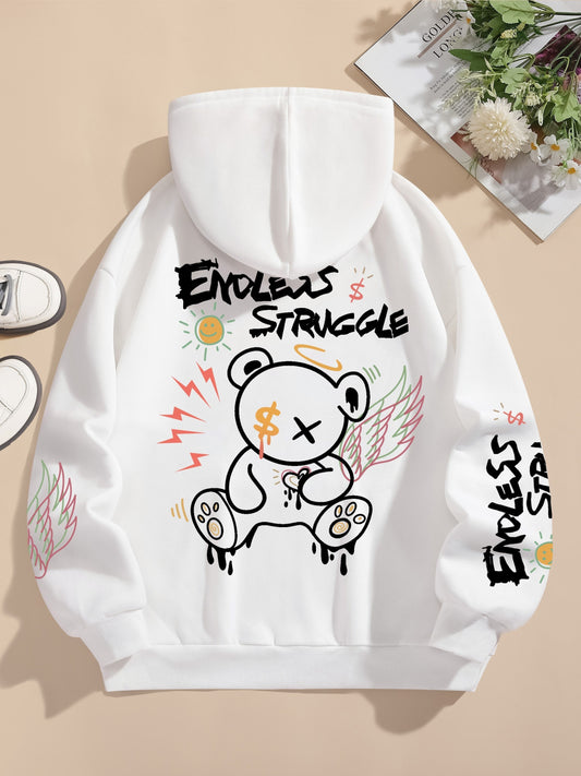 Bear & Letter Print Hoodie, Casual Pocket Long Sleeve Drawstring Hoodies Sweatshirt, Women's Clothing