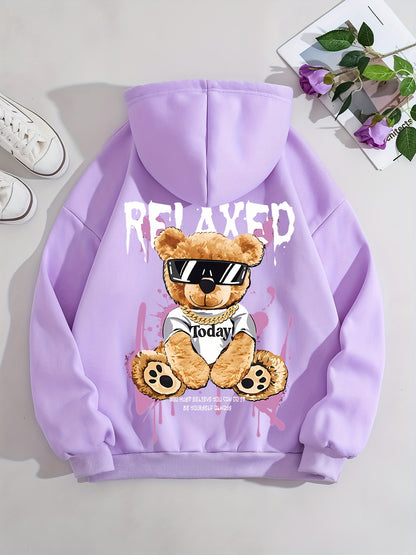 Women's Fashion Hoodie with Cute Bear Print - Casual Pullover Sweatshirt, Polyester, Machine Washable - Perfect for Fall & Winter