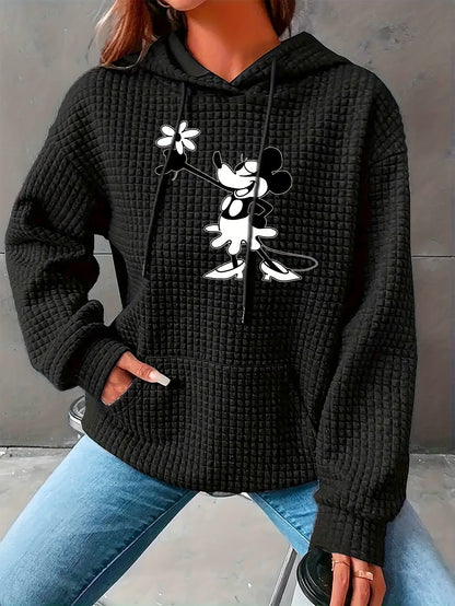 Women's Cozy Waffle-Knit Hoodie with Cartoon Mouse Print - Casual Long Sleeve Pullover with Pockets, Perfect for Fall & Winter