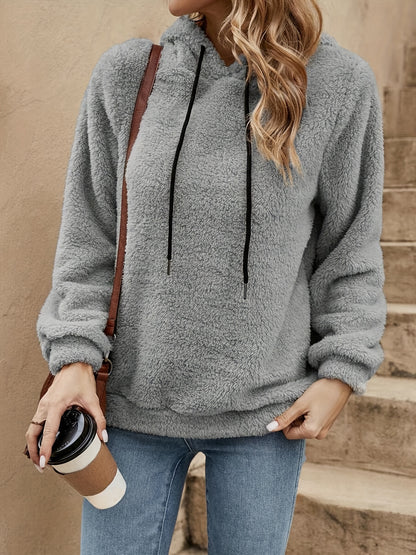 Women's Casual Long Sleeve Drawstring Hoodie - 100% Polyester Solid Color Teddy Hooded Sweatshirt with Knit Fabric for Fall/Winter