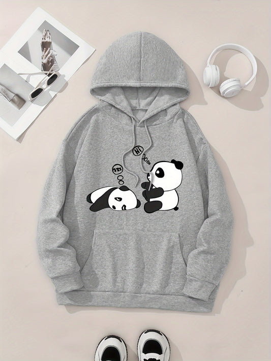 [Popular Choice] Cozy Panda Print Hoodie for Women - Casual Drawstring Pullover with Kangaroo Pocket, Perfect for Fall & Winter, Sleeping, Graphic Print, Hooded Sweatshirt