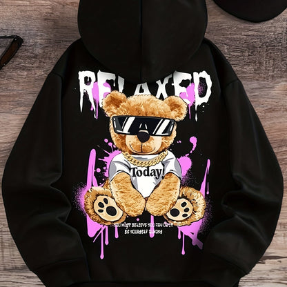 Women's Fashion Hoodie with Cute Bear Print - Casual Pullover Sweatshirt, Polyester, Machine Washable - Perfect for Fall & Winter