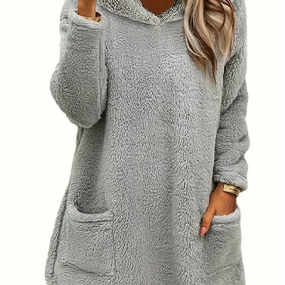 [Popular Choice] Women's Double-Sided Plush Hoodie - Warm Mid-Length Pullover with Pockets for Autumn and Winter, Casual Polyester Knit, Leisure Style, Loosen Version, Autumn/Winter