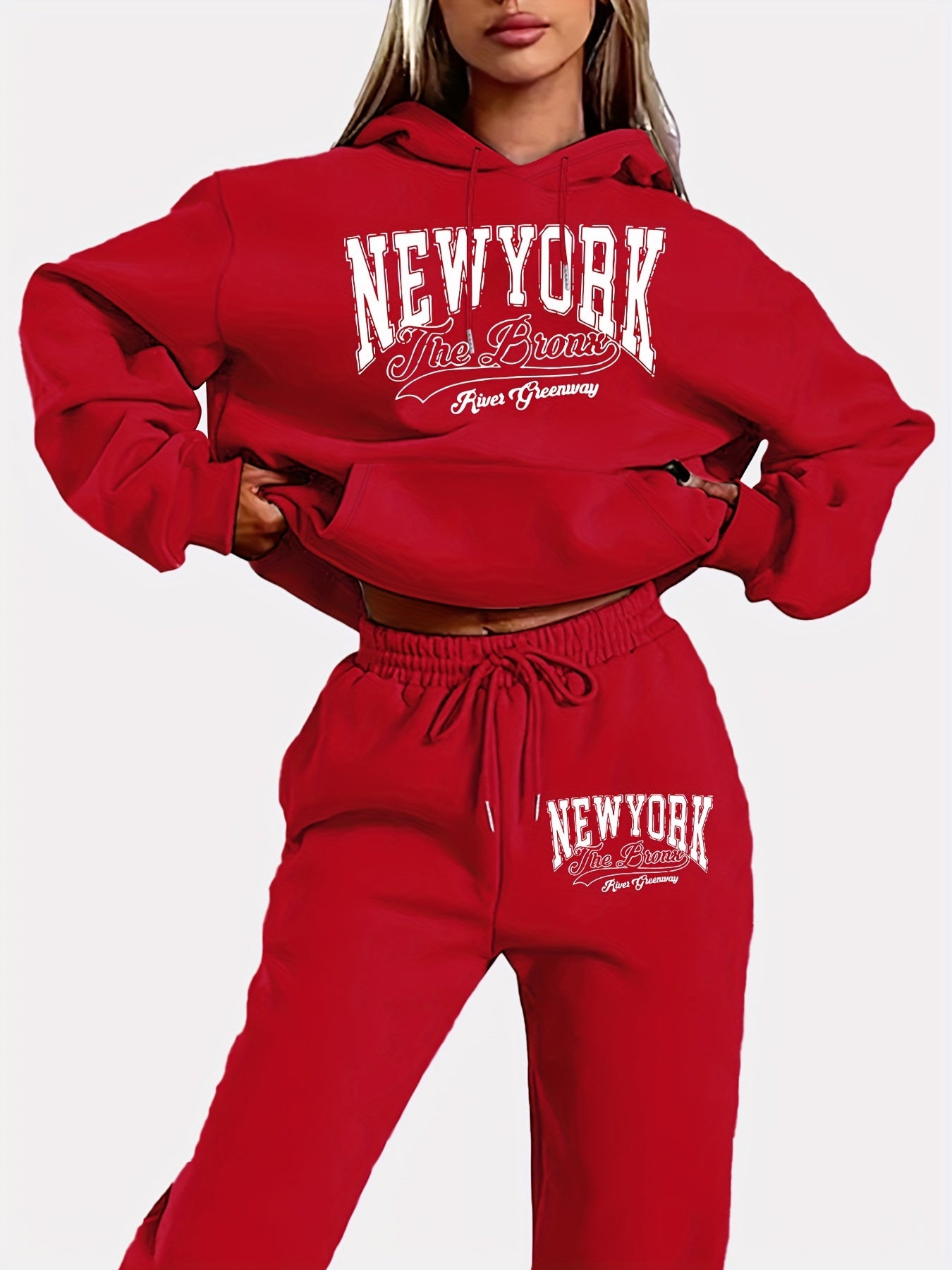 New York Letter Print Women's Hoodie and Pants Set, Casual Geometric Pattern, Polyester Knit Fabric, Hooded Long Sleeve Sweatshirt with Pockets, Fall/Winter Collection