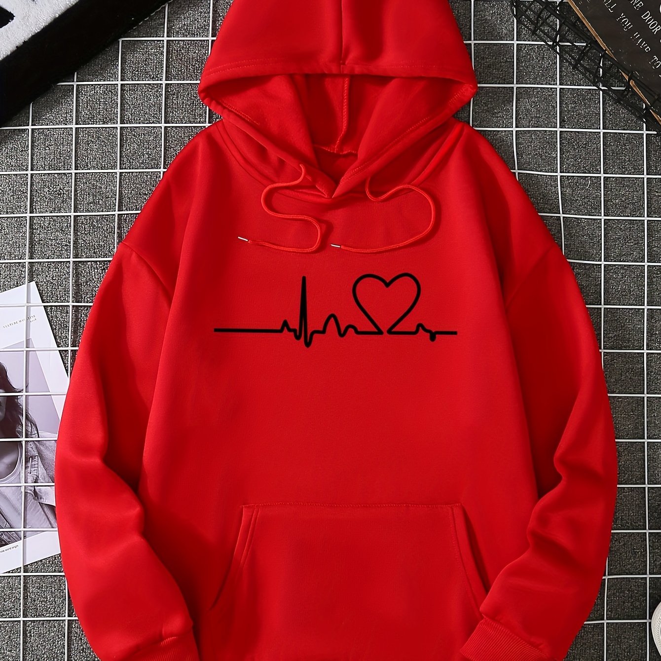 Heartbeat Print Kangaroo Pocket Hoodie, Casual Long Sleeve Drawstring Hoodies Sweatshirt, Women's Clothing